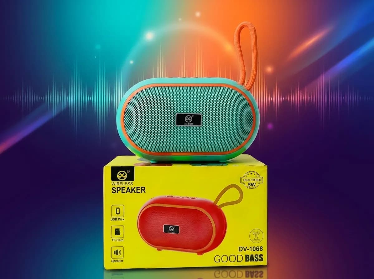 DV-1068 পোর্টেবল আল্ট্রা-বেস ওয়্যারলেস স্পিকার – লাউড স্টেরিও ৫ ওয়াট সাউন্ড এবং স্টাইলিশ ল্যানইয়ার্ড ডিজাইন